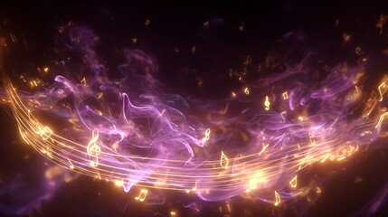Glowing music notes floating in abstract purple and gold light trails on dark background creating dynamic artistic musical concept