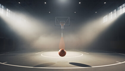 A basketball hovers in mid-air on a dimly lit court with a hoop and net, illuminated by spotlights creating a dramatic effect.