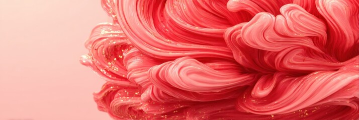 Detailed 3D rendering of viscous pink and coral swirling paint or liquid texture decorated with glittering gold specks, chinese new year