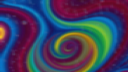 Vibrant abstract background featuring dynamic, swirling patterns with deep jewel tones and vertical ribbed distortion creating an immersive visual texture of flowing digital energy across the frame