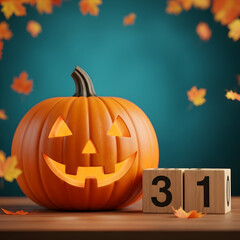 Obraz premium Halloween jack o lantern on a wooden table with calendar blocks