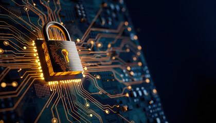 Close-up of a padlock on a circuit board with gold wires and components, conveying a secure technology concept with a dark background.