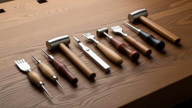 Collection of Leatherworking Tools Arranged on a Wooden Workbench. - Powered by Adobe
