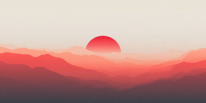Atmospheric layered mountain landscape featuring a vibrant red sun setting above the rolling hills, chinese new year