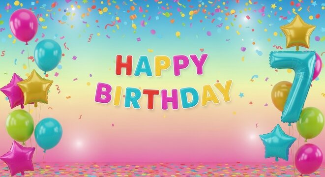 Happy 7th Birthday Celebration in Rainbow Colors with Confetti and Balloons in Bright Pastel Lighting for Party Invitation