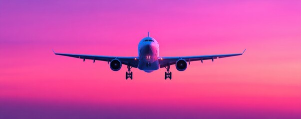 Large passenger airplane with landing gear deployed flying across a dramatic vibrant pink and purple twilight sky