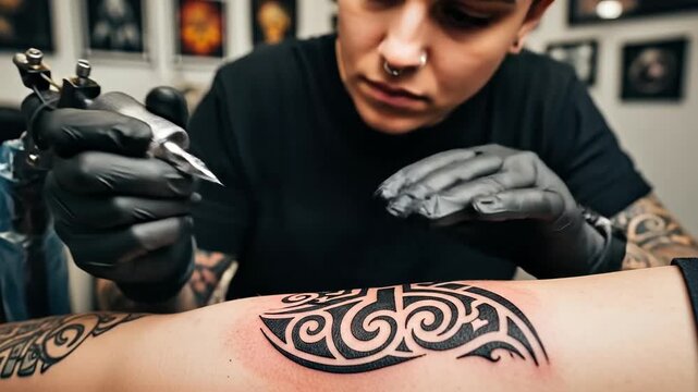 Close-up of a tattoo artist creating a black ink design on a clients forearm