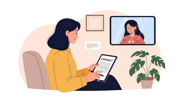 Woman having a video call on a tablet with a plant and framed pictures in the background. - Powered by Adobe