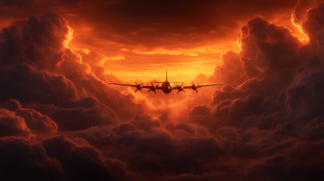 Dark silhouette of a powerful four engine propeller airplane navigating turbulent fiery orange and red storm clouds