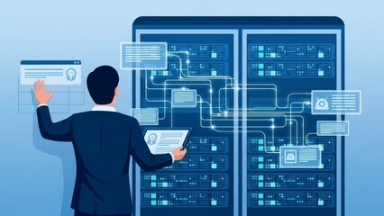 IT Professional Managing Server Racks and Data Flow in a Modern Data Center.