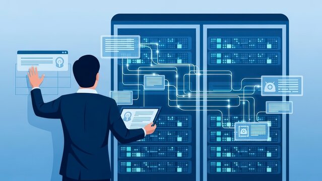 IT Professional Managing Server Racks and Data Flow in a Modern Data Center. - Powered by Adobe