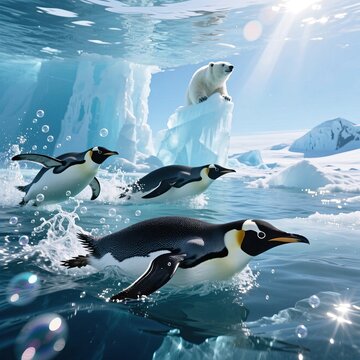 Capture penguins darting through icy waters bubbles trailing beh