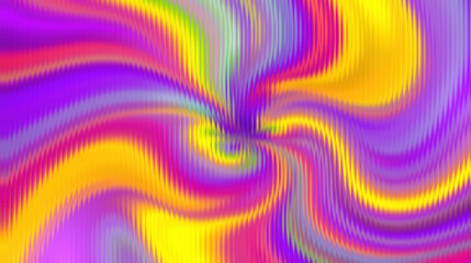 A vibrant, swirling abstract pattern featuring a spectrum of rainbow colors with a distorted striped texture, creating a dynamic visual effect.