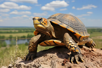 Fototapeta premium Close Up View of Turtle on Rocky Surface with Green Landscape and Blue Sky Background