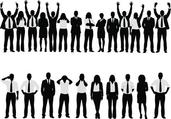 Business people silhouette in various poses, emotional contrast, team dynamics, corporate behavior, expressive gestures, black illustration, workplace concept, flat vector