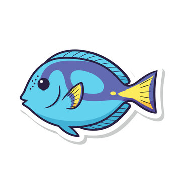Cute Blue Tang Fish Sticker Illustration.
