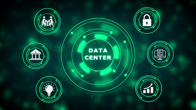 Data Center concept with interconnected representing business functions like collaboration security finance innovation and growth on a dark green bokeh background