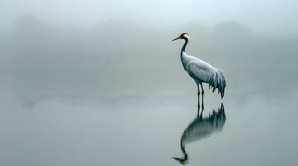 Obraz premium Majestic red-crowned crane standing alone in tranquil misty water reflecting perfectly on the calm surface creating a serene minimalist wildlife scene