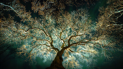 A glowing tree with branches forecasting potential outcomes of a decision. (1)