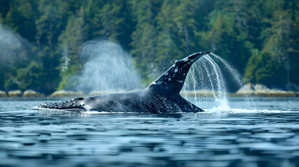 Obraz premium Humpback Whale Showing Tail Fin Splashing Water in Coastal Waters against Forest Background