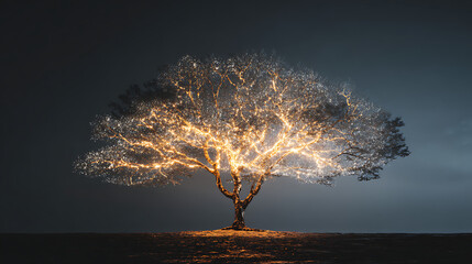 A glowing tree with branches forecasting potential outcomes of a decision.