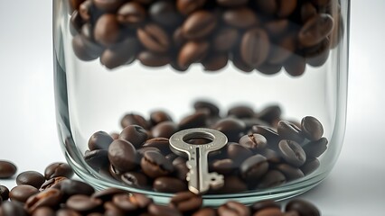 tennessine. A silver key at the bottom of a jar filled with coffee beans. menu design, packaging mockups, designed for culinary blogs and recipe cards for restaurants, used by retail merchandisers.