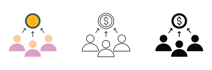 Vector icons depicting the flow of money from a central source to multiple individuals, symbolizing collective investment, financial partnership, and wealth distribution strategies