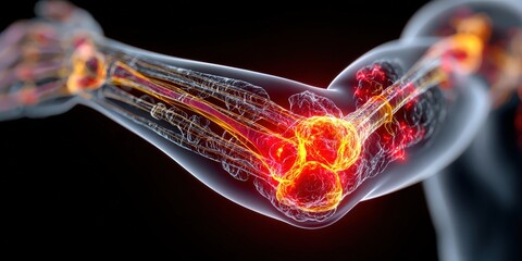 Detailed human anatomy illustration highlighting joints, muscles, skeletal system, and biological structures for medical education and health visualization