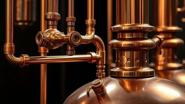 alembic. Detailed copper alembic still with polished pipes in warm light. bar promotions, beverage menus, packaging labels, designed for product packaging and bar promotions, used by professors.