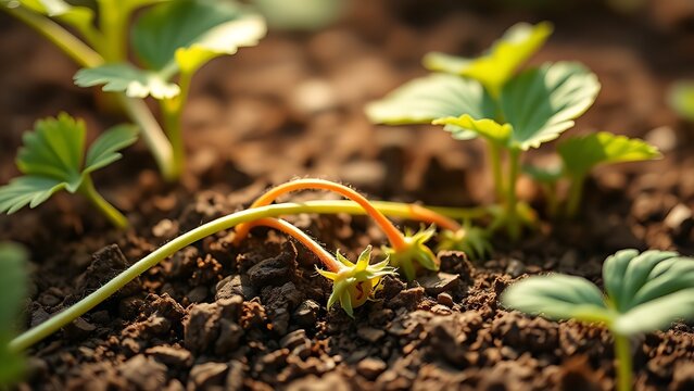 stolon. Close-up of a strawberry plant's stolon creeping across soil in morning light. gardening catalogs, home-decor guides, designed for gardening and botanical catalogs, enhances decor appeal.