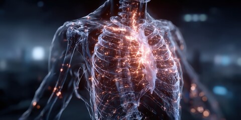 Detailed digital medical illustration of human chest anatomy showing internal organs, skeletal and muscular systems with vibrant colors and precise scientific detail