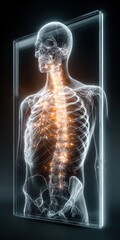 Futuristic digital human skeleton hologram display showcasing anatomy, medical visualization, healthcare technology, and scientific innovation in modern healthcare