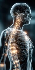 Detailed digital illustration of human anatomy highlighting skeletal system, brain, spine, nervous system, and biological structures for medical, educational, and healthcare purposes
