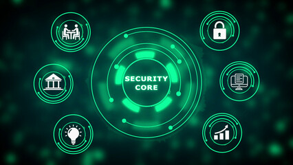 Futuristic digital network depicting a security core surrounded by interconnected for finance collaboration innovation and data management in bright green tones on a dark bokeh background Keywords