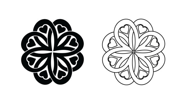 A black and white illustration of a Celtic knot pattern resembling a flower with heart-shaped petals.
