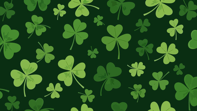 St. Patrick's Day background with green shamrocks on a dark green background.