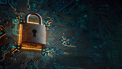 Close-up of a padlock on a circuit board with glowing blue and orange lines, conveying a secure and technological mood.