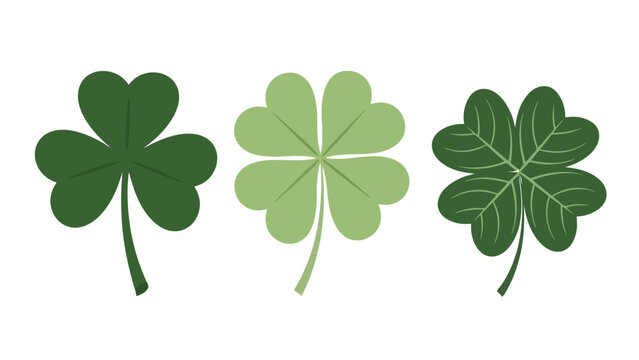 Three different types of green clover leaves, including a shamrock and two four-leaf clovers, isolated on a white background.
