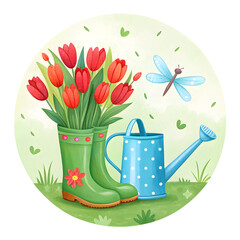Watercolor Tulips in Boots with Watering Can isolated on a transparent background