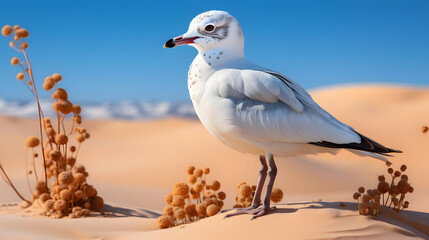 Fototapeta premium Seagull Standing On Sandy Ground Beside Dry Plants Under Blue Sky