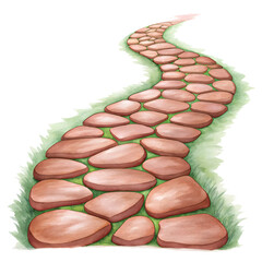 Watercolor Winding Stone Path on Green Grass isolated on a transparent background