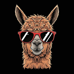 Alpaca Wearing Red Sunglasses Closeup Illustration. © Esti