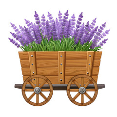 Watercolor Wooden cart filled with lavender isolated on a transparent background