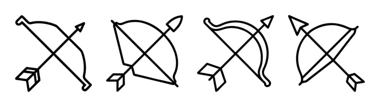 Collection of four simple minimalist line art illustrations of bow and arrow symbols
