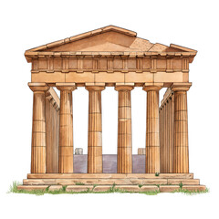 Ancient Greek Temple Facade Watercolor isolated on a transparent background