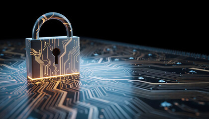 Close-up of a glowing circuit board with a padlock on a dark background, conveying a sense of cybersecurity and data protection.