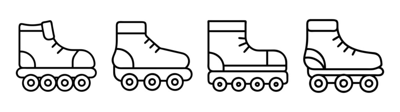 Set of line art icons depicting various types of roller skates and inline skates for sports