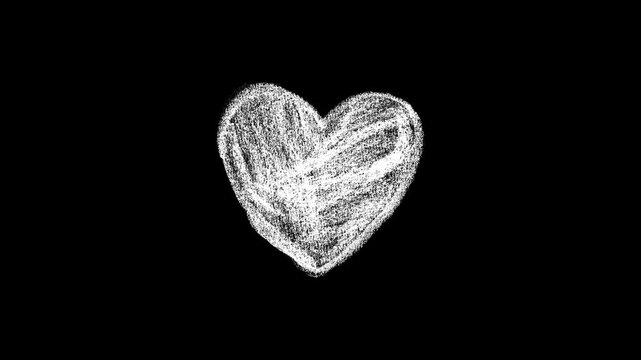 Artistic white chalk sketch heart animation on black background with textured hatching strokes for romantic social media posts and creative Valentine's day videos.
