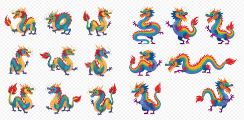 Set of colorful traditional Chinese dragons in various poses, mythical creatures for Asian holidays. © ArtLuna Studio