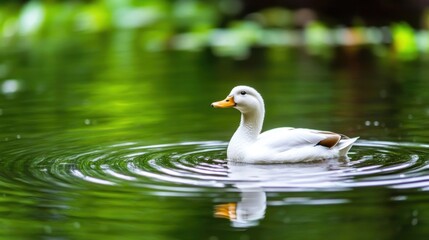 Fototapeta premium White duck glides on tranquil pond water